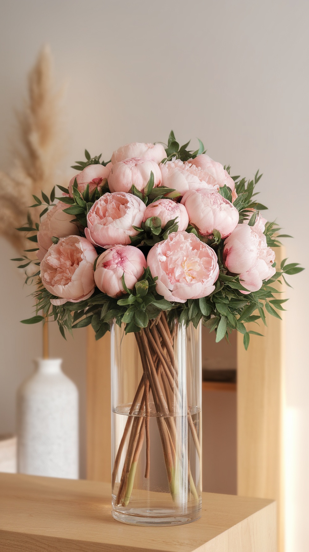 A charming bouquet of pink peonies in a clear vase