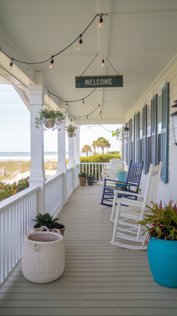 A charming beach house porch with rocking chairs and potted plants, overlooking the ocean.