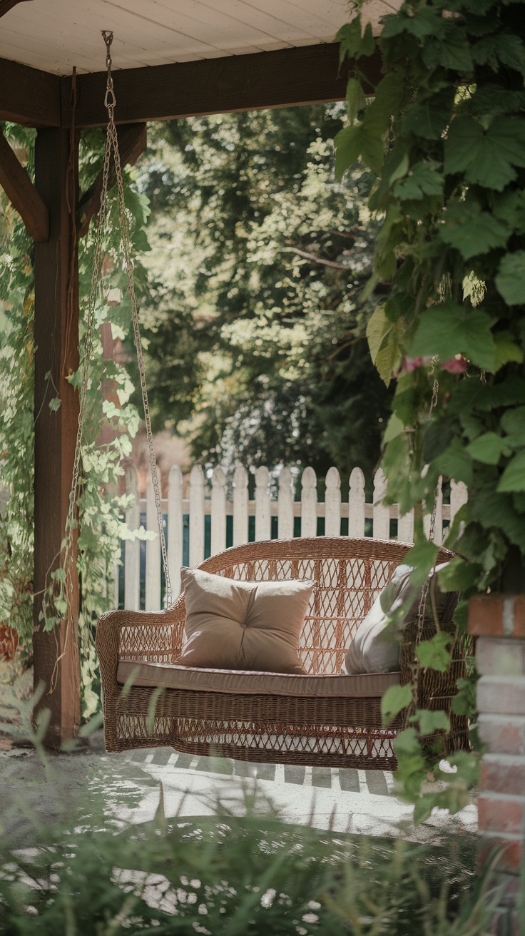 A cozy porch swing with cushions, surrounded by greenery and a white picket fence.
