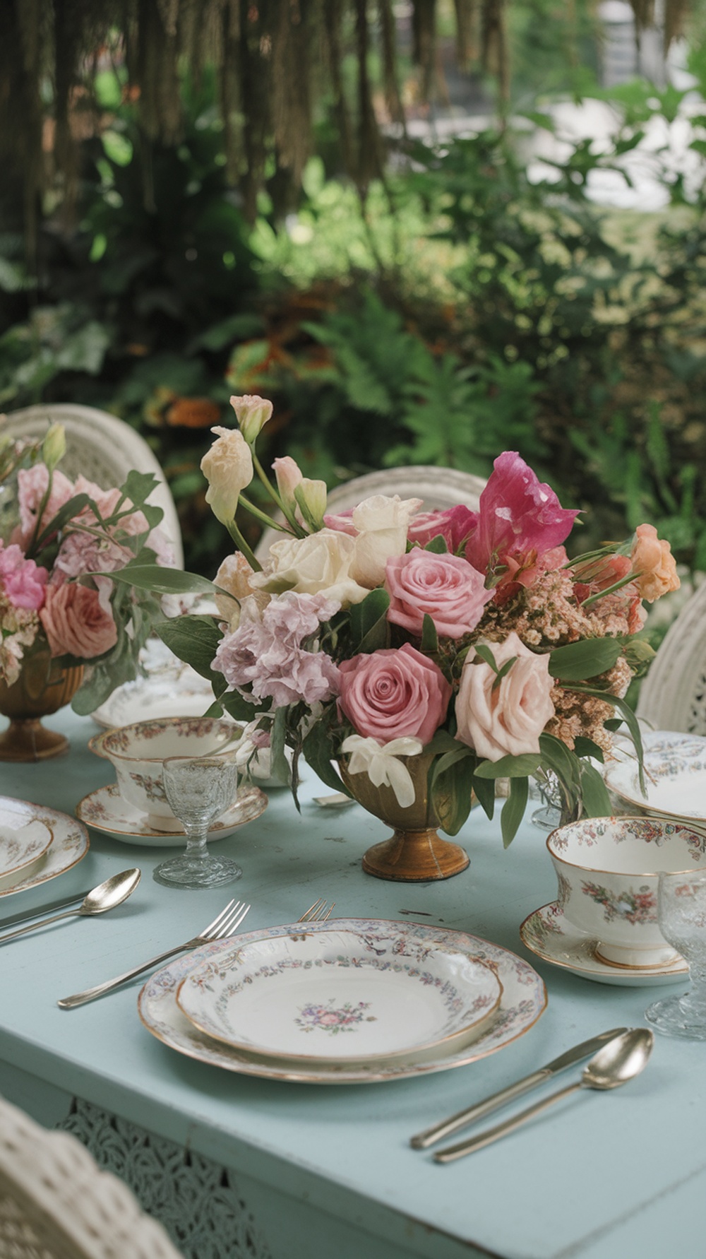 A charming tea party setup with floral arrangements and elegant tableware.