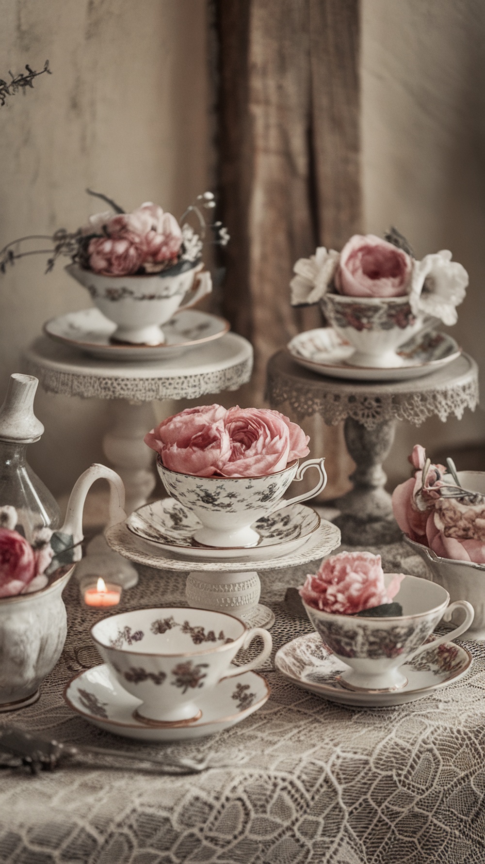 A display of vintage teacups with pink flowers arranged in them.