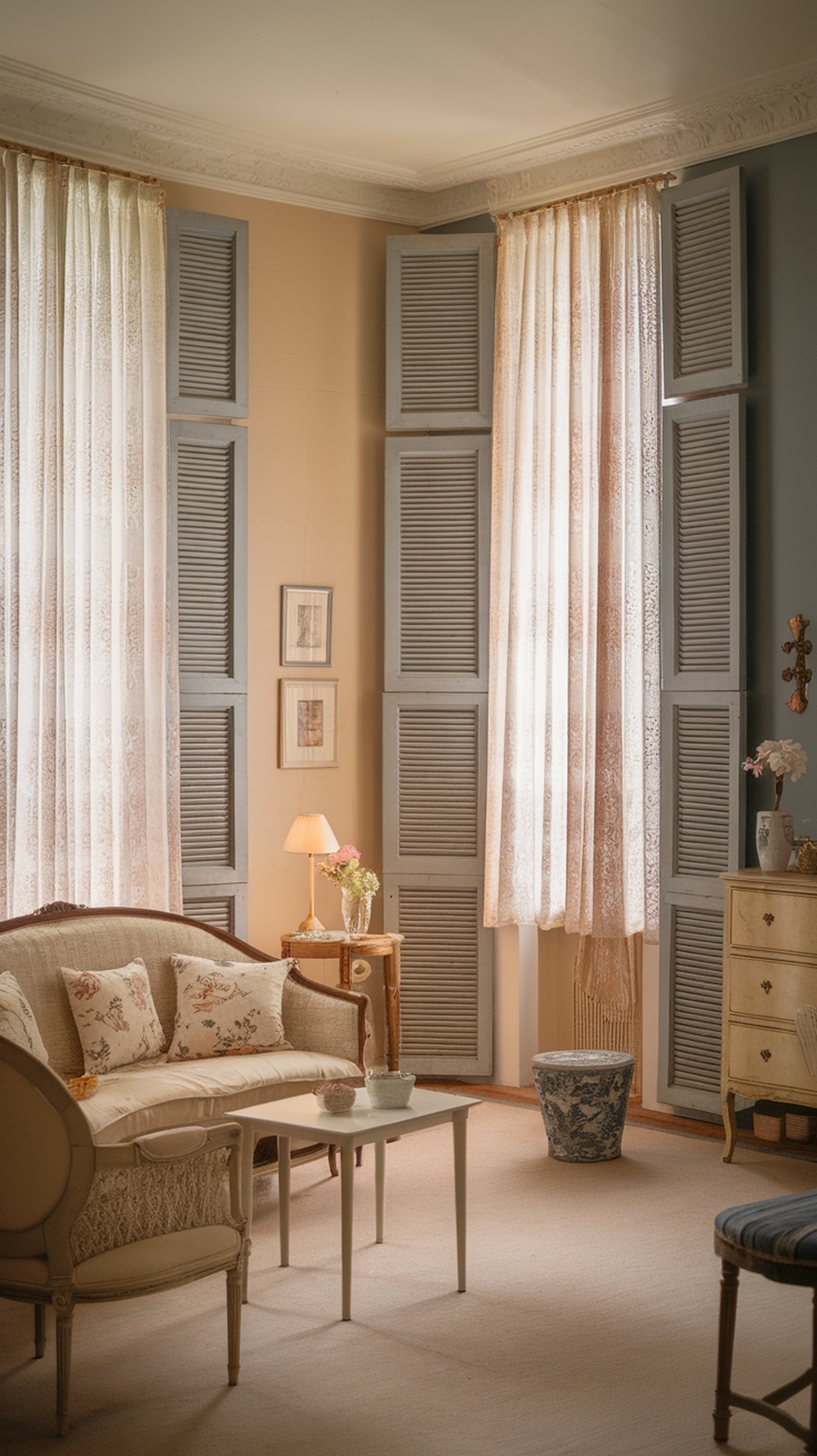 A charming French country living room featuring sheer lace curtains and rustic shutters.
