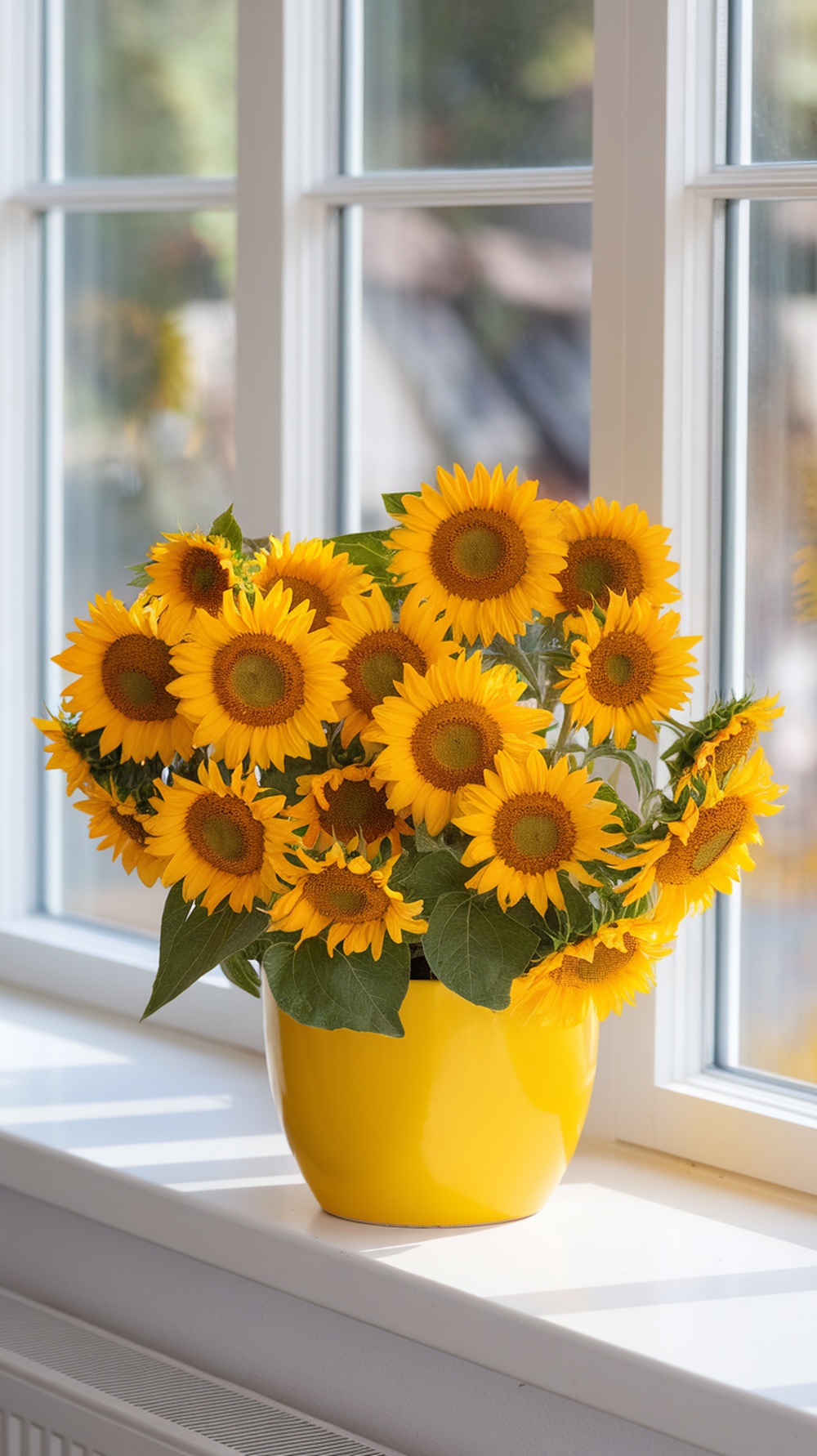A cluster of sunflowers in a yellow pot, placed by a window, showcasing their vibrant colors.