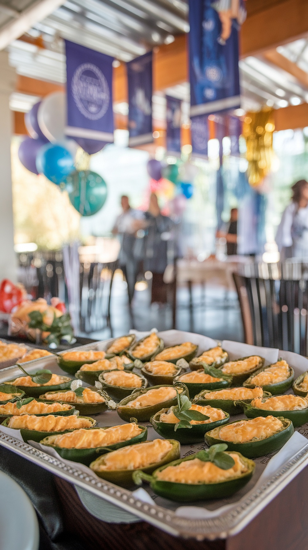 Tray of cheese stuffed jalapeños at a graduation party