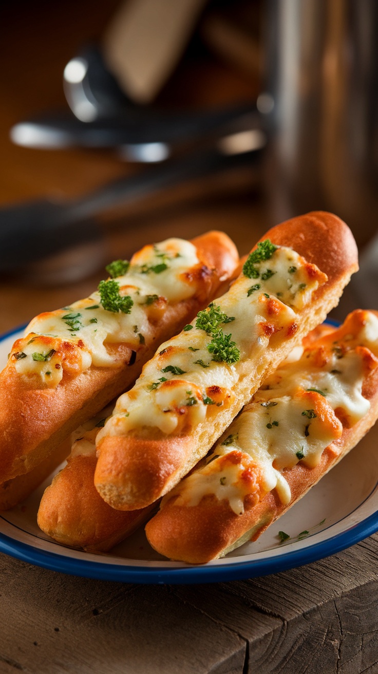 Three cheesy garlic breadsticks on a plate, topped with melted cheese and parsley.