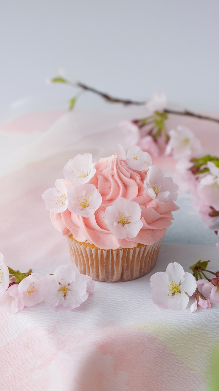 Cupcake decorated with pink frosting and cherry blossom petals