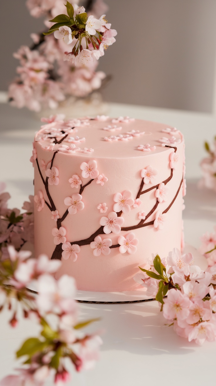 A pink fondant cake decorated with cherry blossoms and branches
