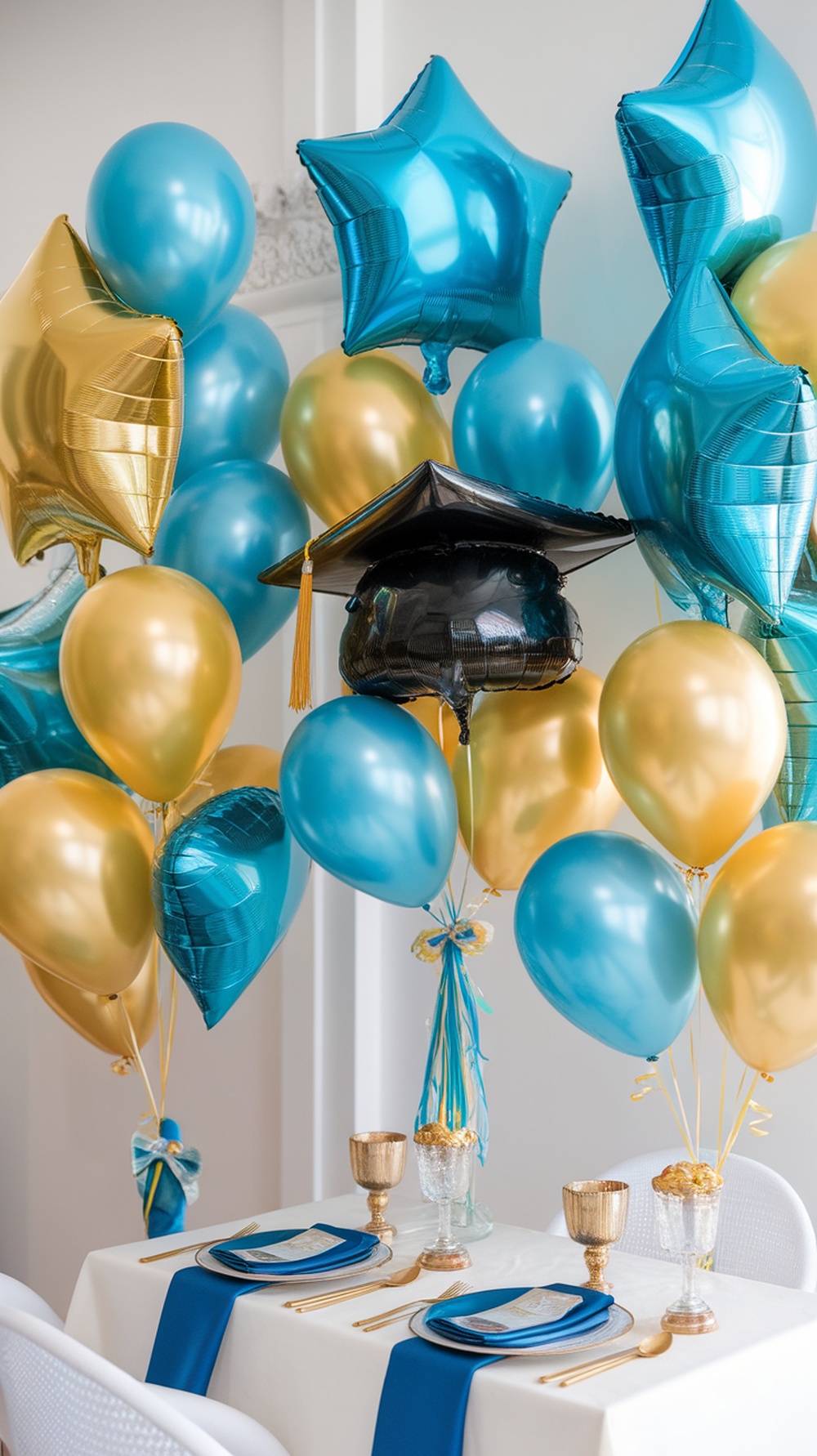 A festive graduation table setting with chic balloon arrangements in blue and gold, featuring a graduation cap balloon.