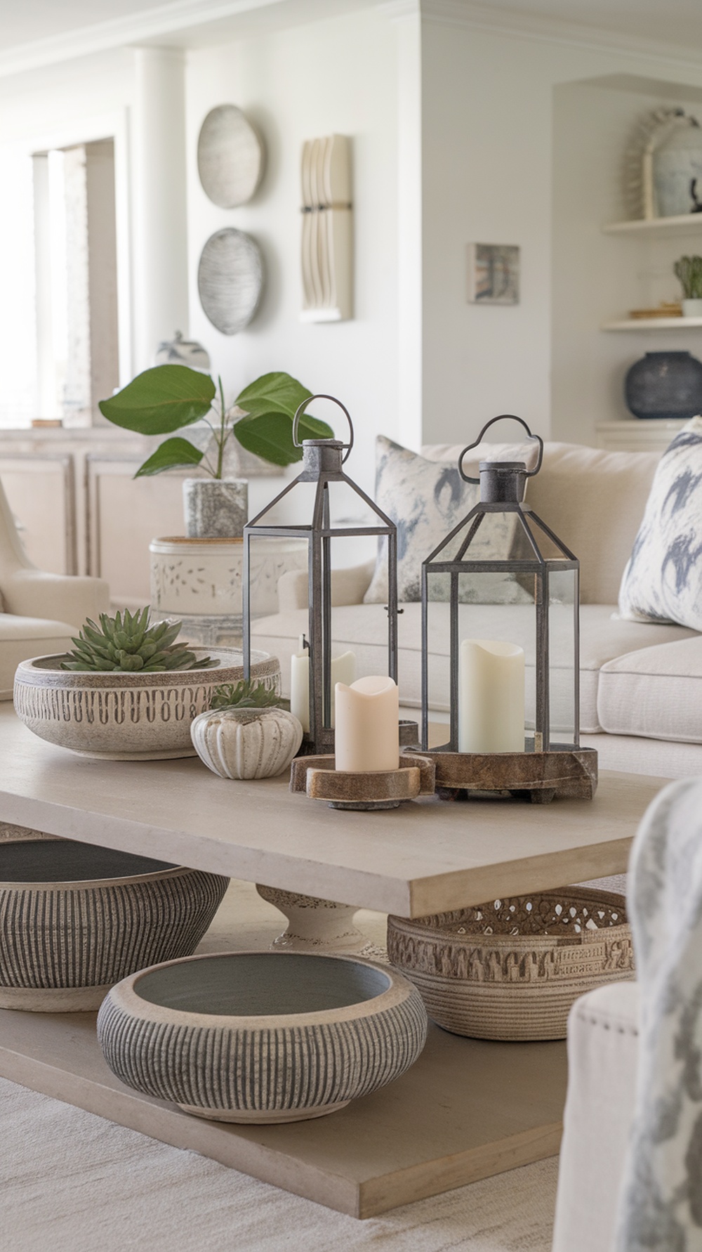 A modern coastal living room coffee table with decorative bowls, lanterns, and plants.