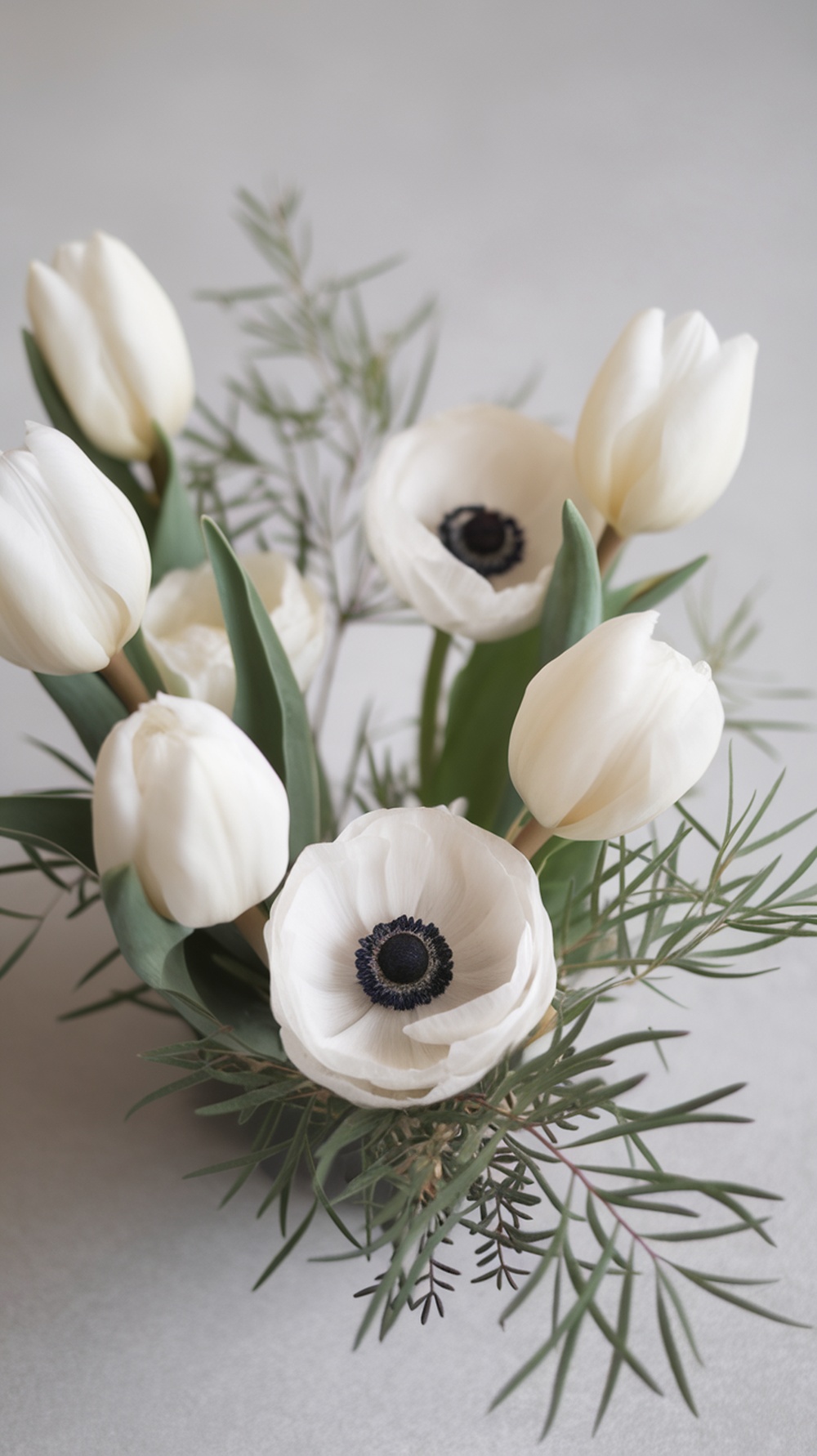 A chic arrangement of white tulips and anemones with green foliage.