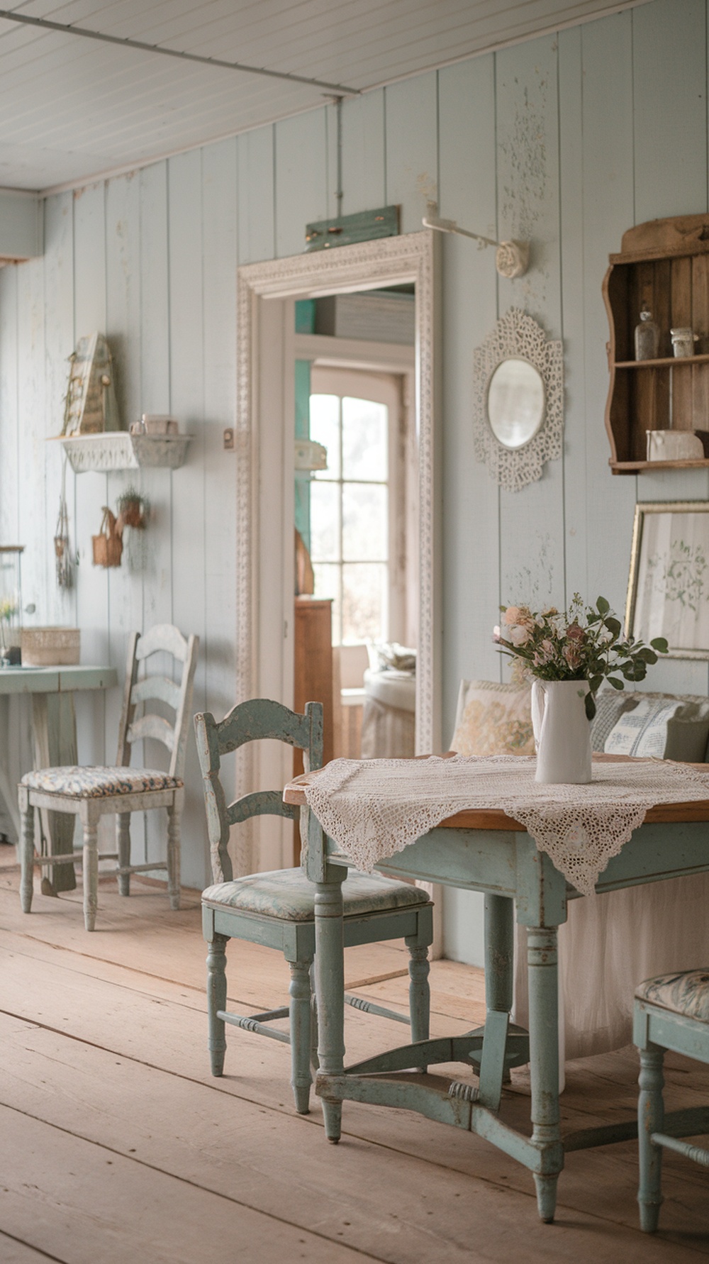 A cozy vintage cottage interior with shabby chic decor, featuring rustic furniture and soft colors.