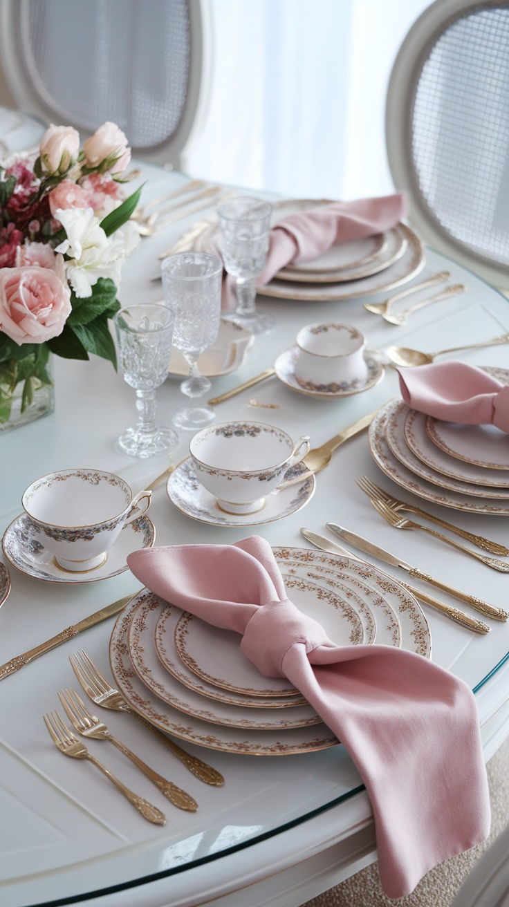 Elegant table setting for a tea party bridal shower with pink napkins, fine china, and crystal glassware.