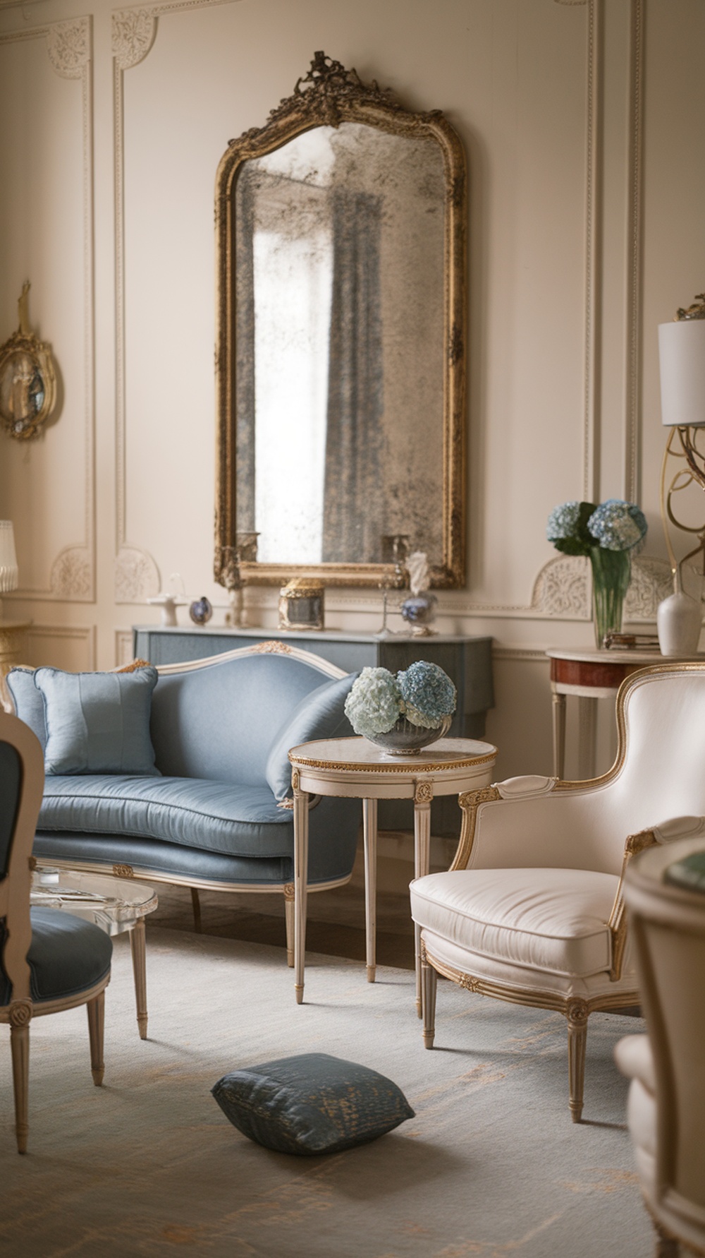 A chic French country living room featuring vintage furniture, including a blue upholstered sofa, white chairs, and an ornate mirror.