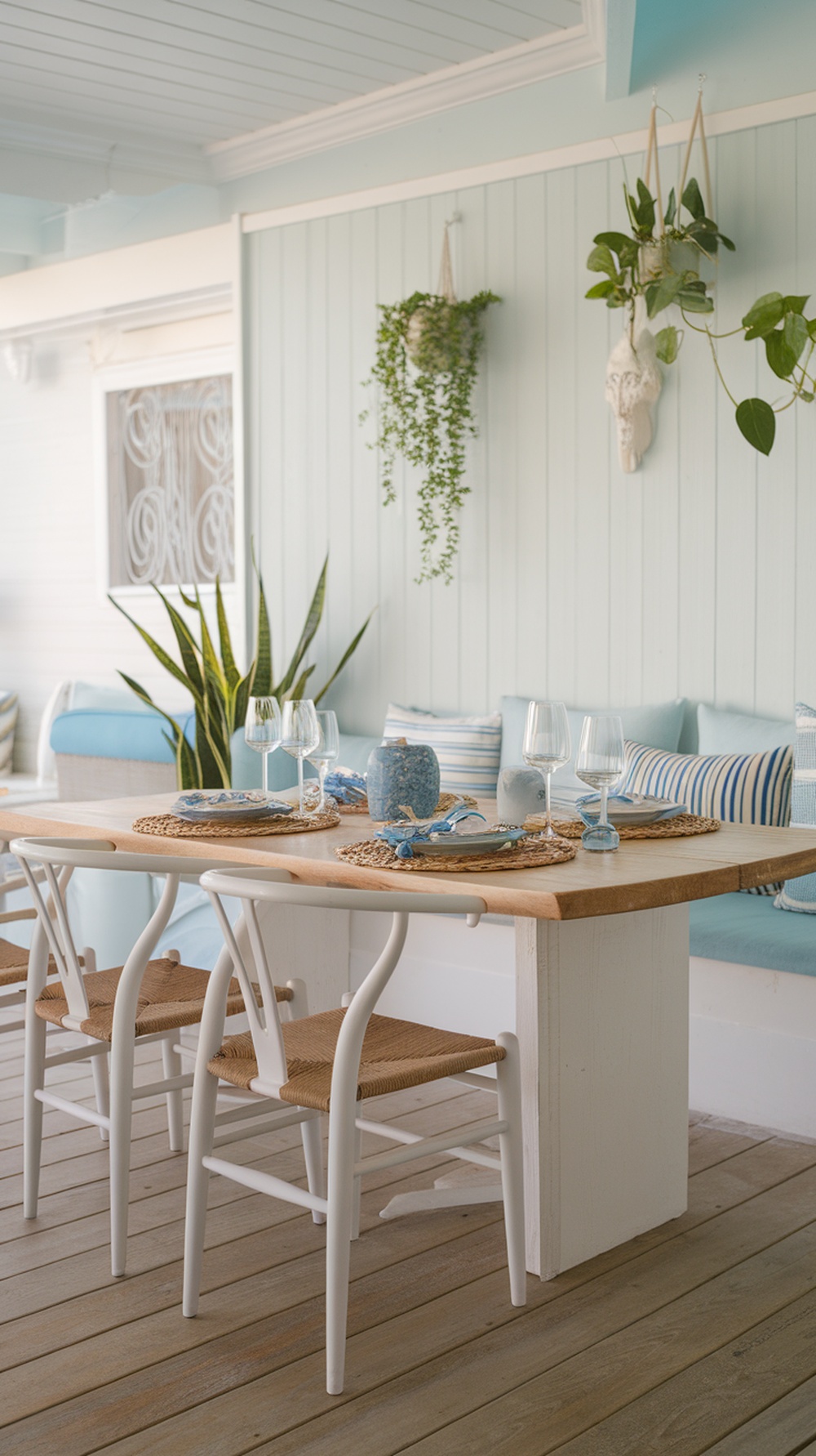 A stylish dining area with a light wood table, white chairs, and a blue and white color scheme, decorated with plants and glassware.