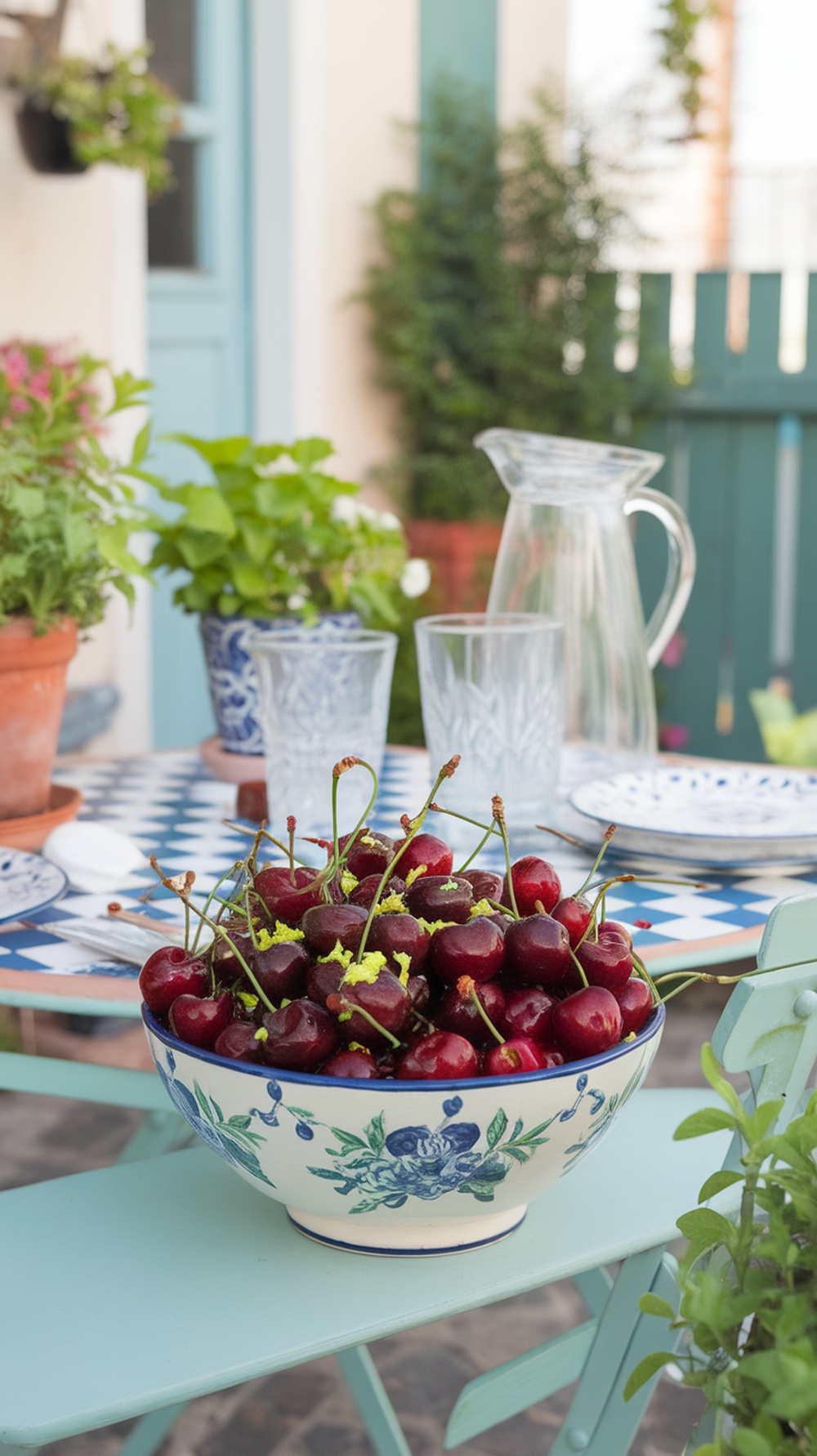 A bowl of fresh cherries garnished with lime zest on a colorful table setting