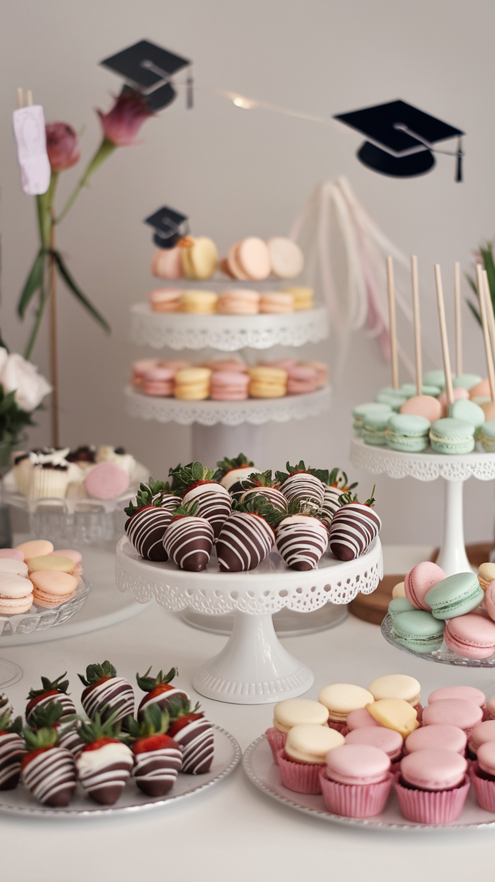 An assortment of chocolate-covered strawberries on a dessert table with graduation-themed decorations.