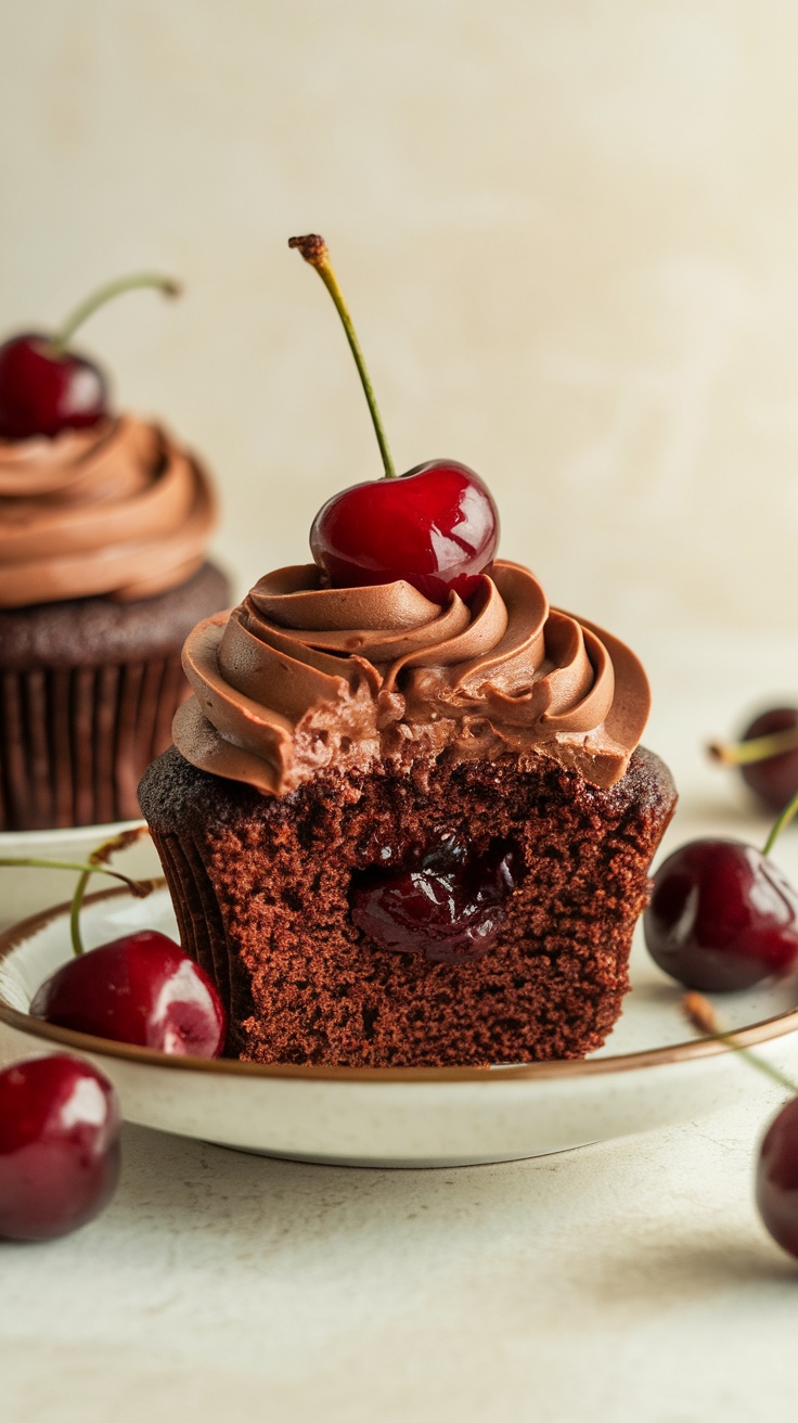 Chocolate cupcake with chocolate frosting and a cherry on top, cut in half to reveal cherry filling inside