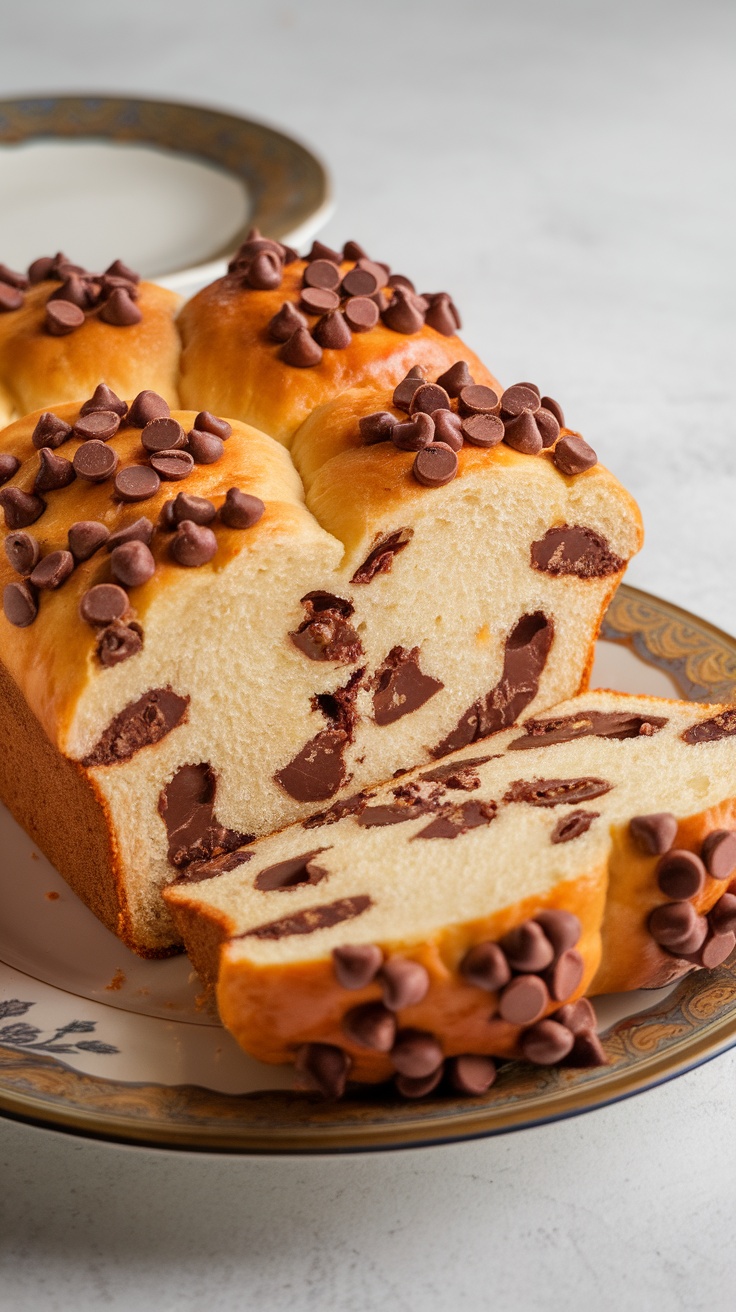 Sliced chocolate chip brioche loaf on a plate