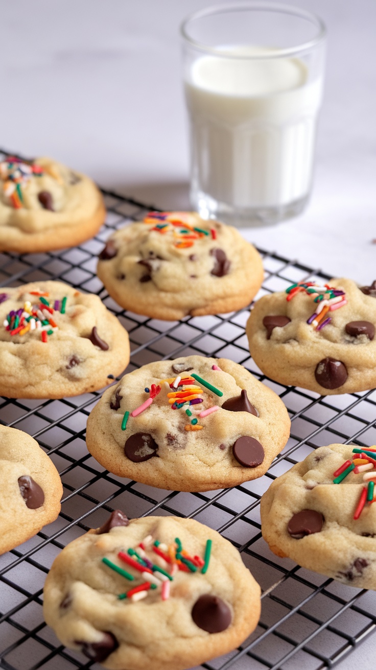 A tray of chocolate chip cookies with colorful sprinkles next to a glass of milk.