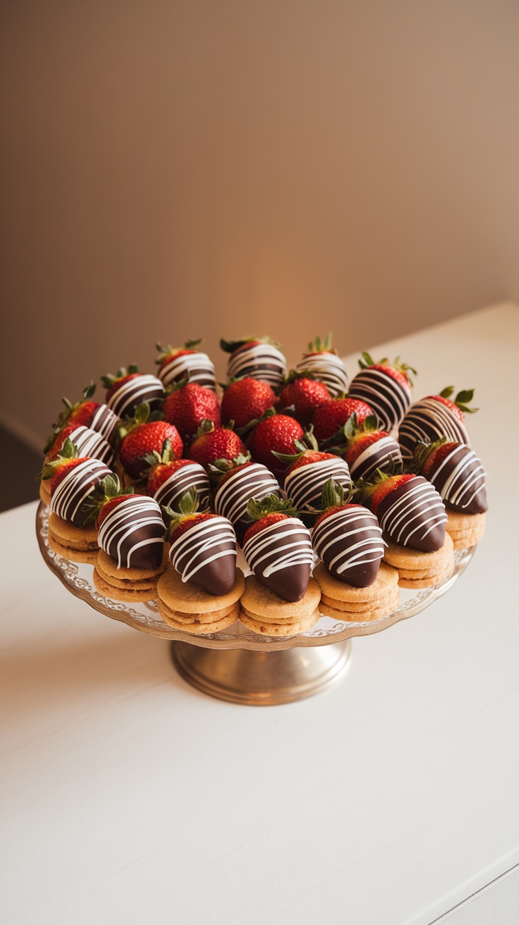 A platter of chocolate dipped strawberry cookies, featuring fresh strawberries and drizzles of white chocolate.