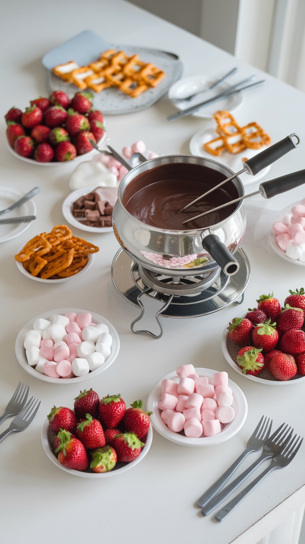 A chocolate fondue station with fresh strawberries, pretzels, marshmallows, and melted chocolate in a pot.