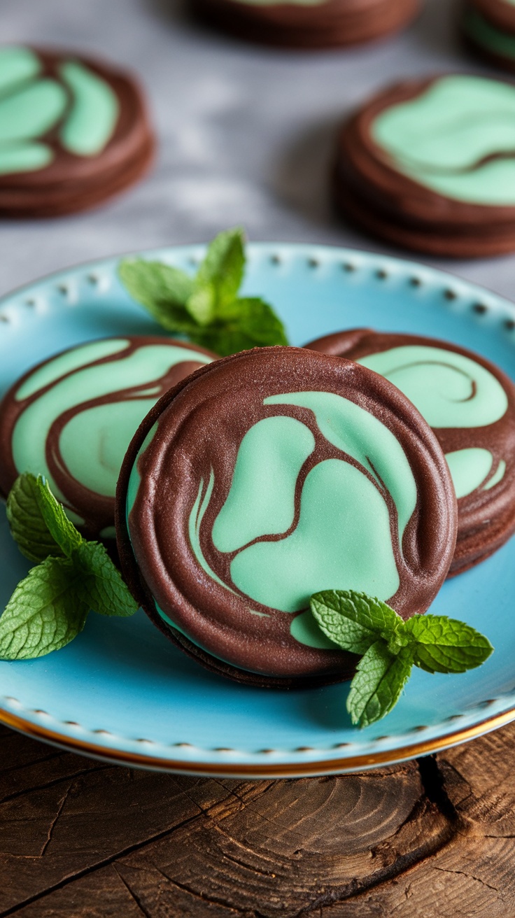 Plate of chocolate mint cookies with decorative mint frosting and fresh mint leaves