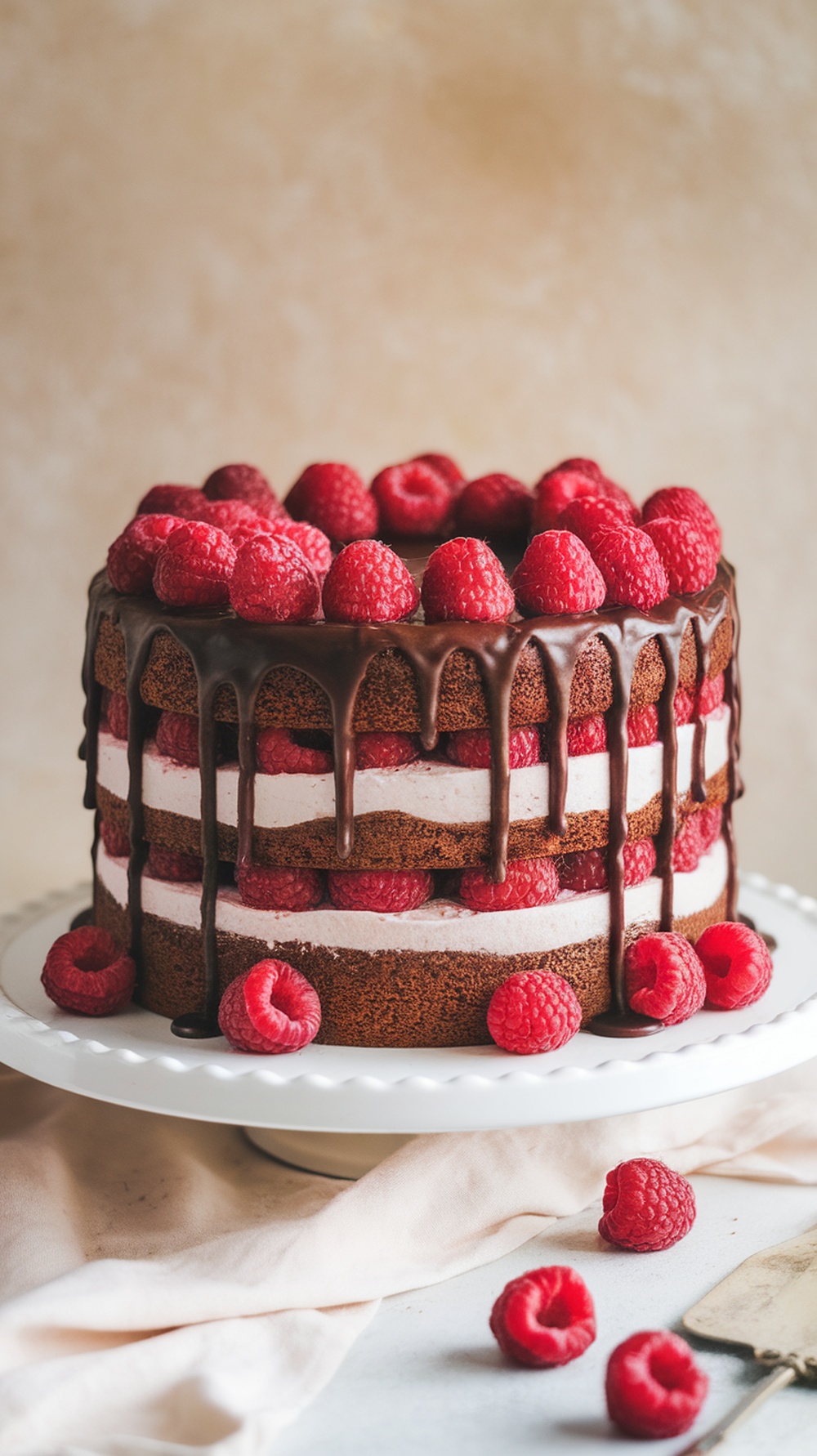 Chocolate Raspberry Layer Cake with fresh raspberries on top and chocolate drizzling down the sides