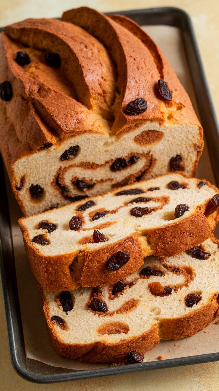 A loaf of cinnamon raisin bread sliced to reveal swirls of cinnamon and raisins.