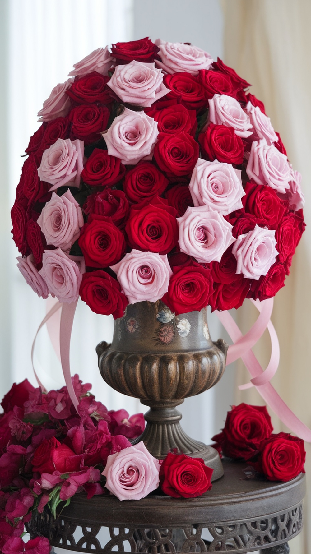 A classic arrangement of red and pink roses in an ornate urn, surrounded by scattered petals.