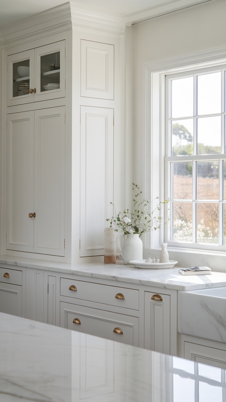 A bright coastal kitchen featuring classic white cabinets with brass hardware, a marble countertop, and large windows.