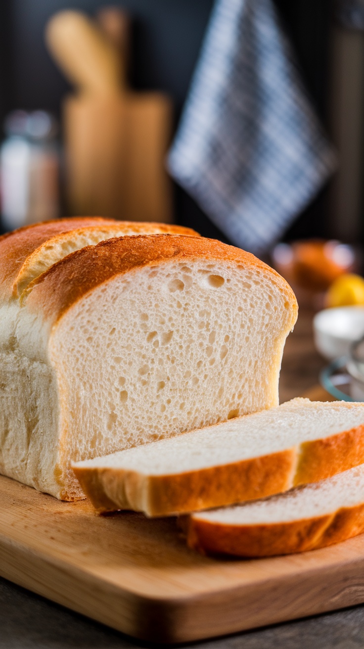 Homemade classic white sandwich bread sliced on a wooden cutting board.
