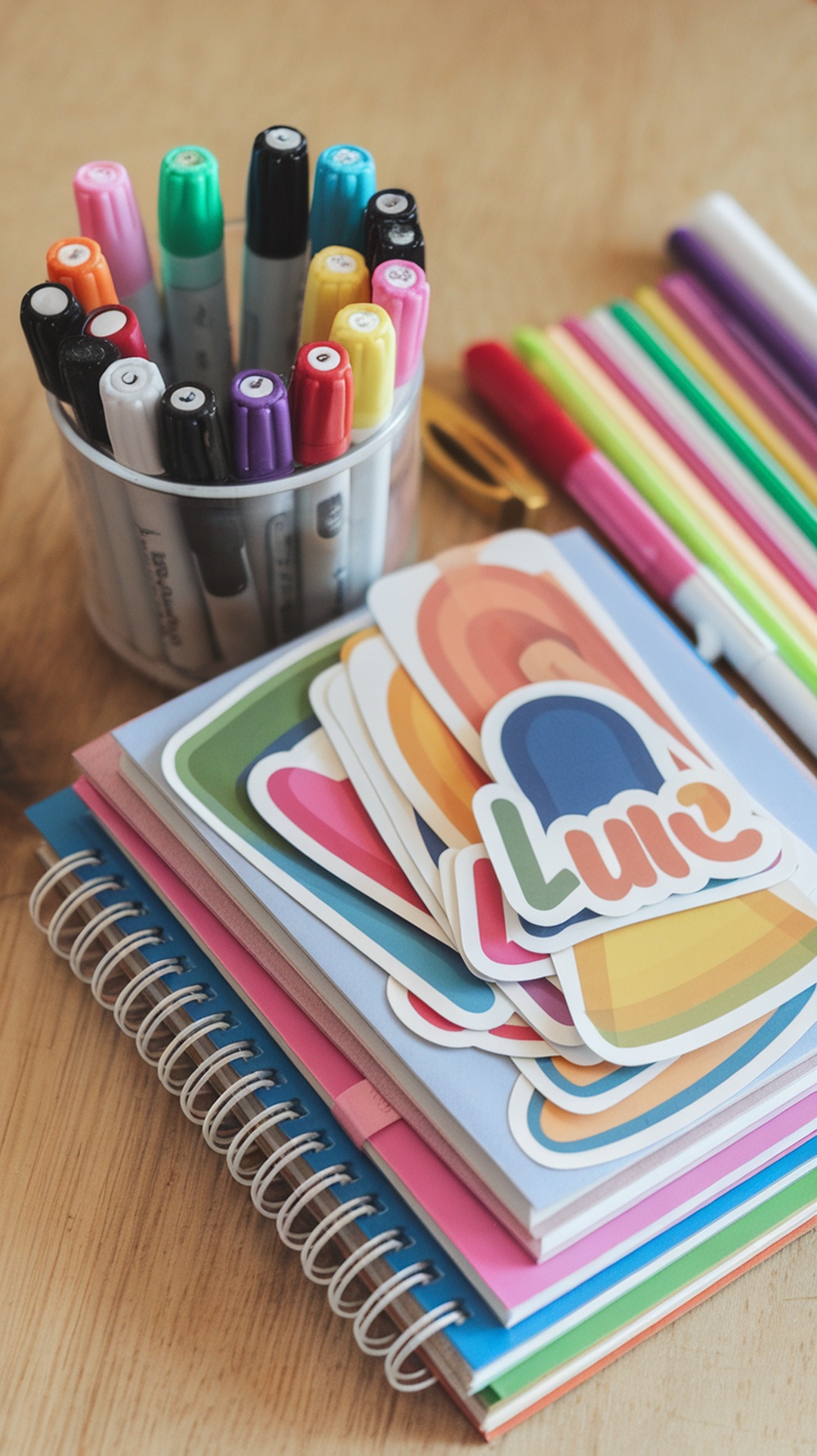 Colorful classroom supplies including markers, notebooks, and stickers
