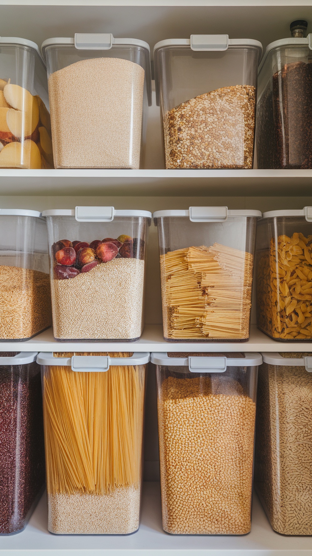 An organized pantry with clear bins containing various bulk items like pasta, grains, and dried fruits.