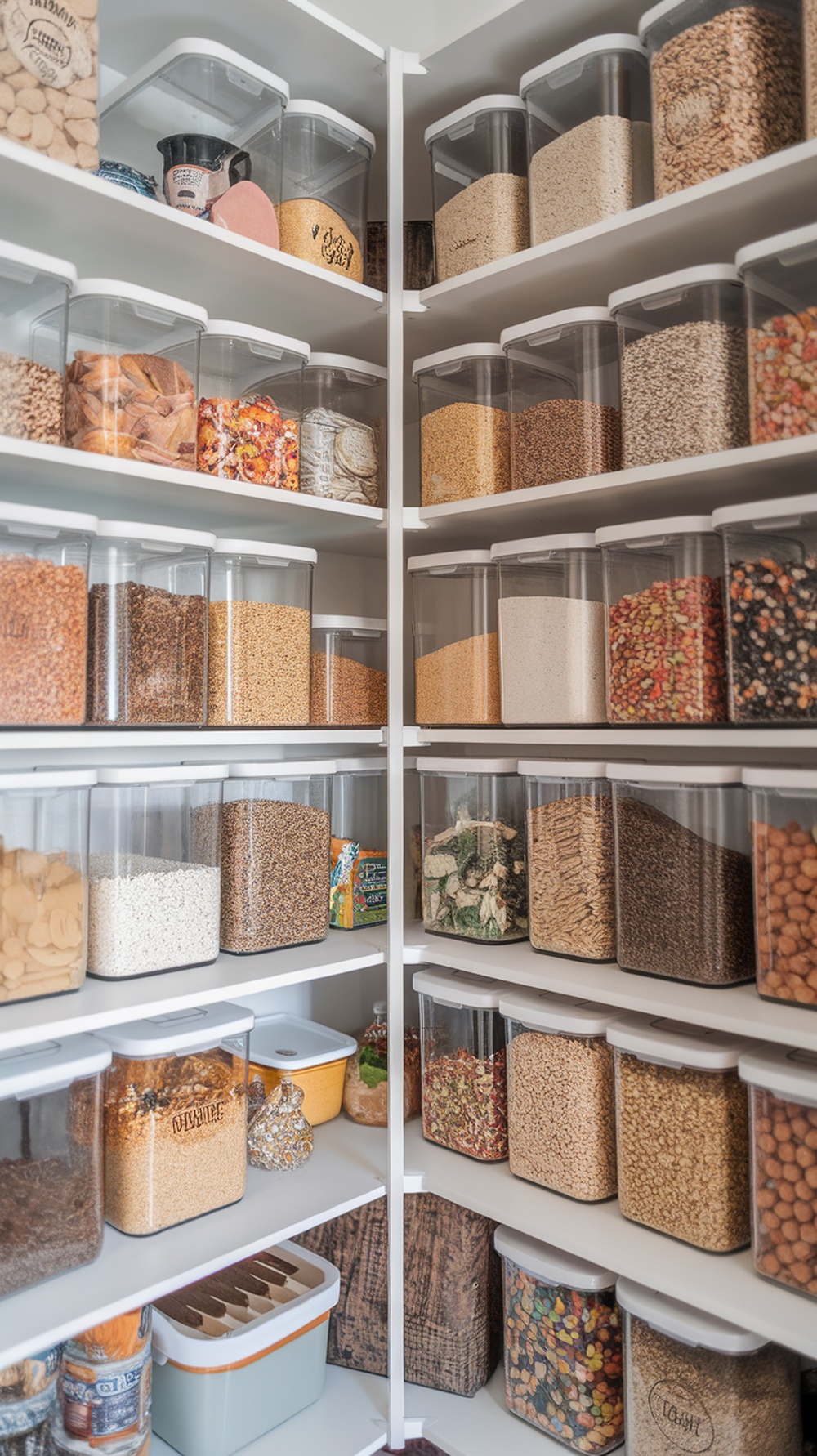Organized pantry with clear containers holding various dry goods on shelves.