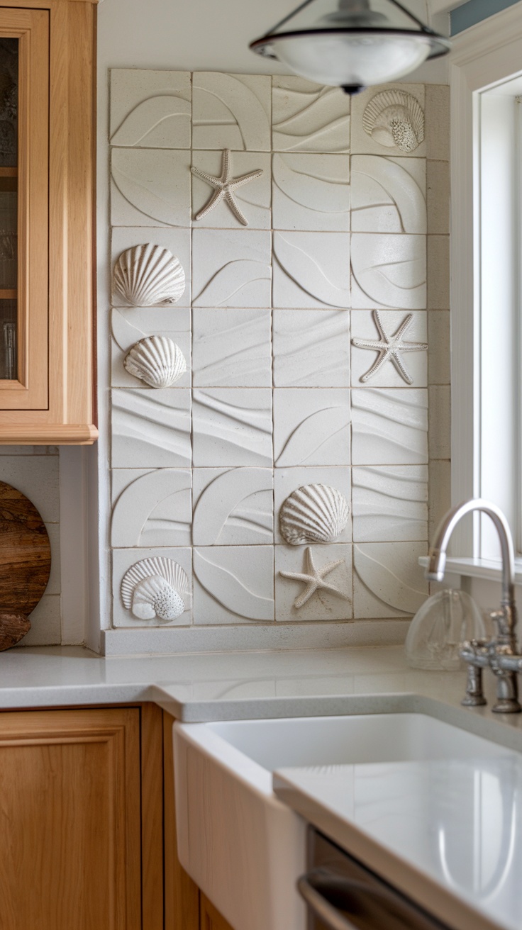 Coastal-inspired backsplash with seashells and wave designs in a kitchen.