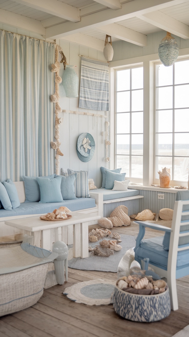 A cozy summer house interior decorated with light blue tones, natural materials, and coastal elements like seashells and coral.
