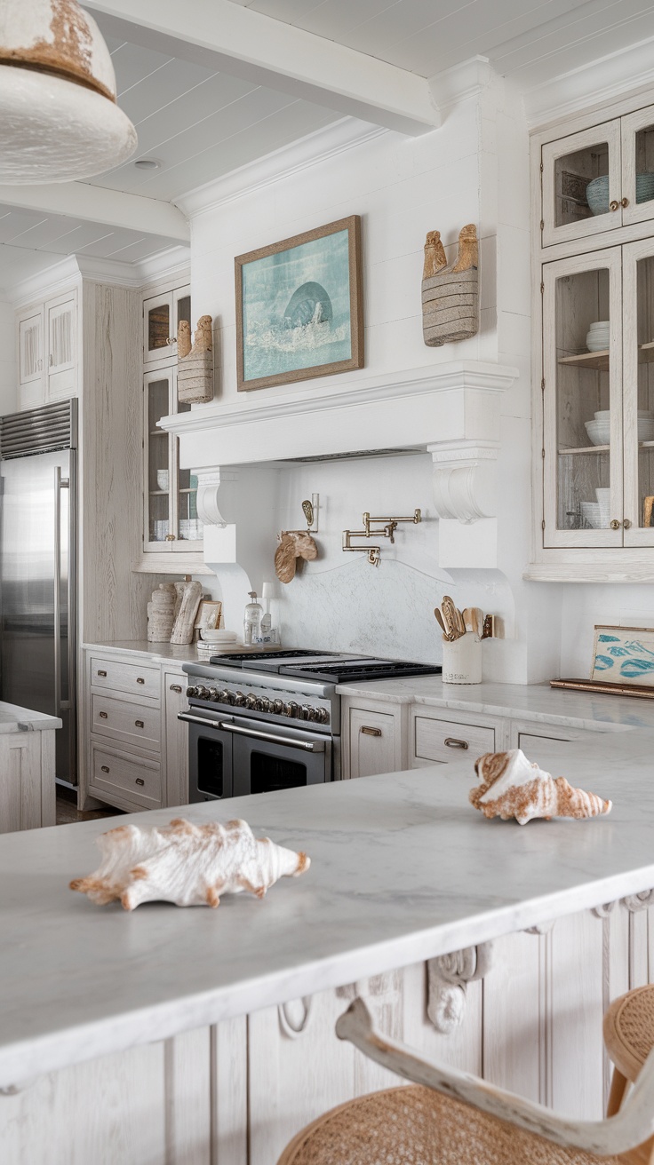 A white coastal kitchen featuring ocean-themed artwork and natural decor