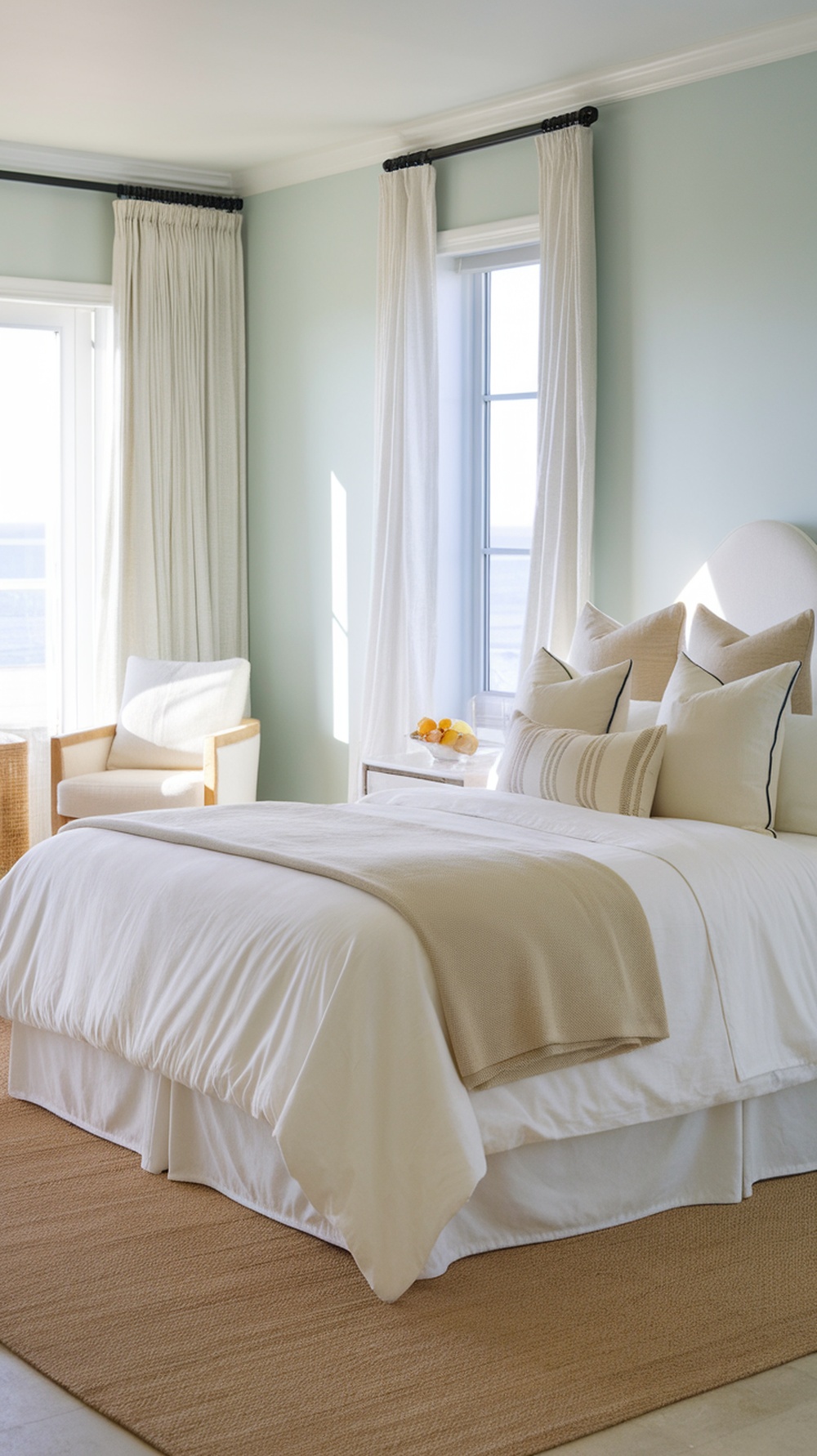A serene bedroom with coastal bedding and coral accents, featuring large windows and natural light.