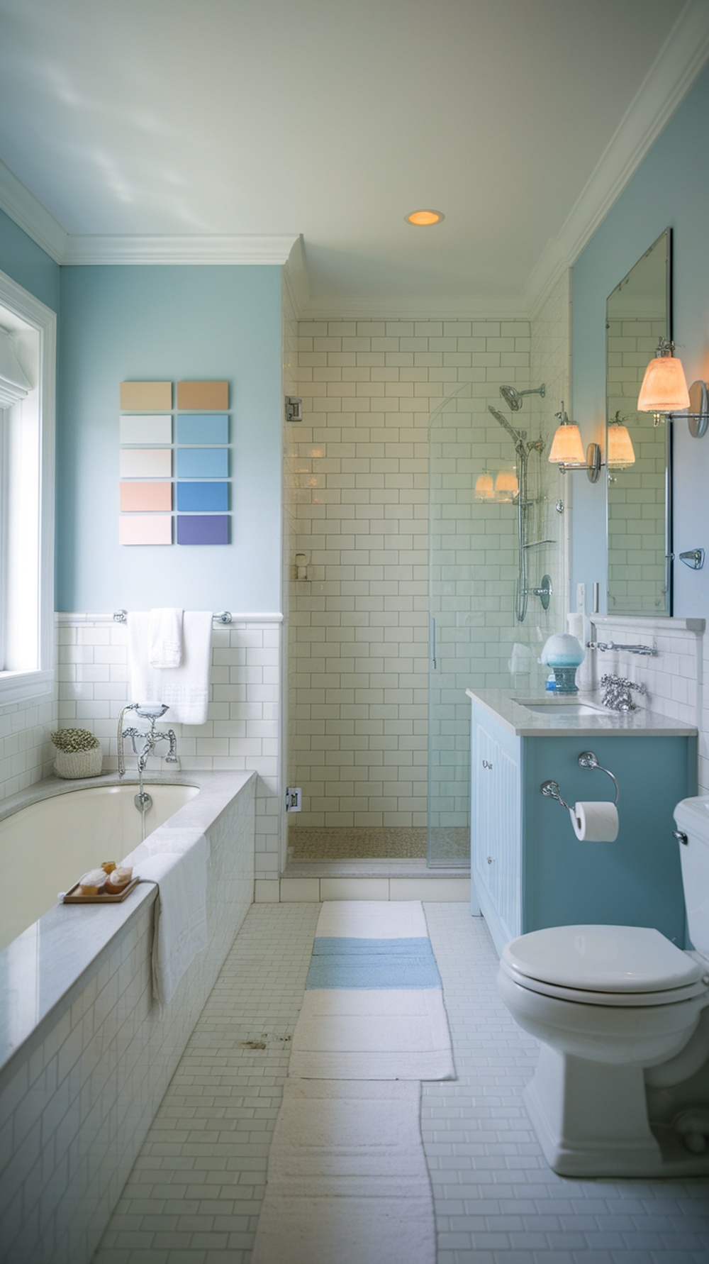 A coastal-themed bathroom featuring light blue walls, white tiles, and pastel accent colors.