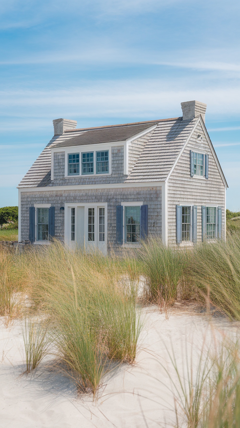 A coastal Nantucket-style home with gray shingles and blue shutters, surrounded by beach grass.