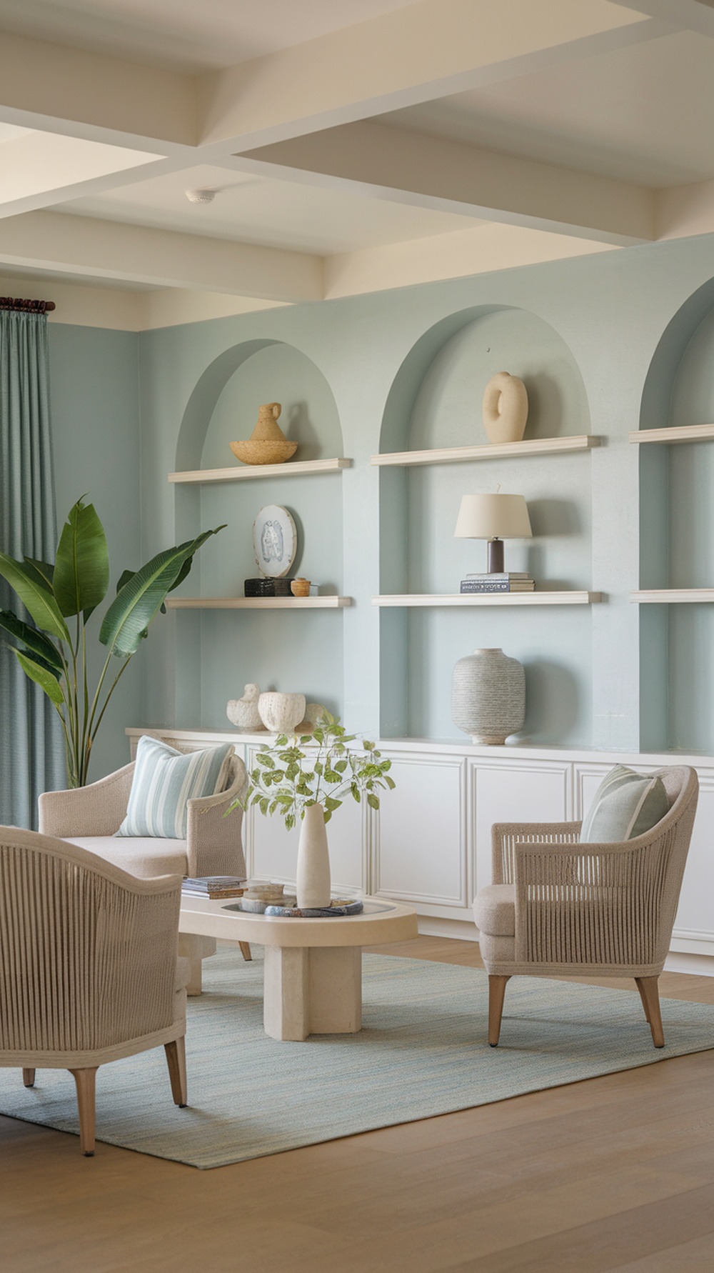 Coastal interior with light blue walls, beige furniture, and natural decor items.