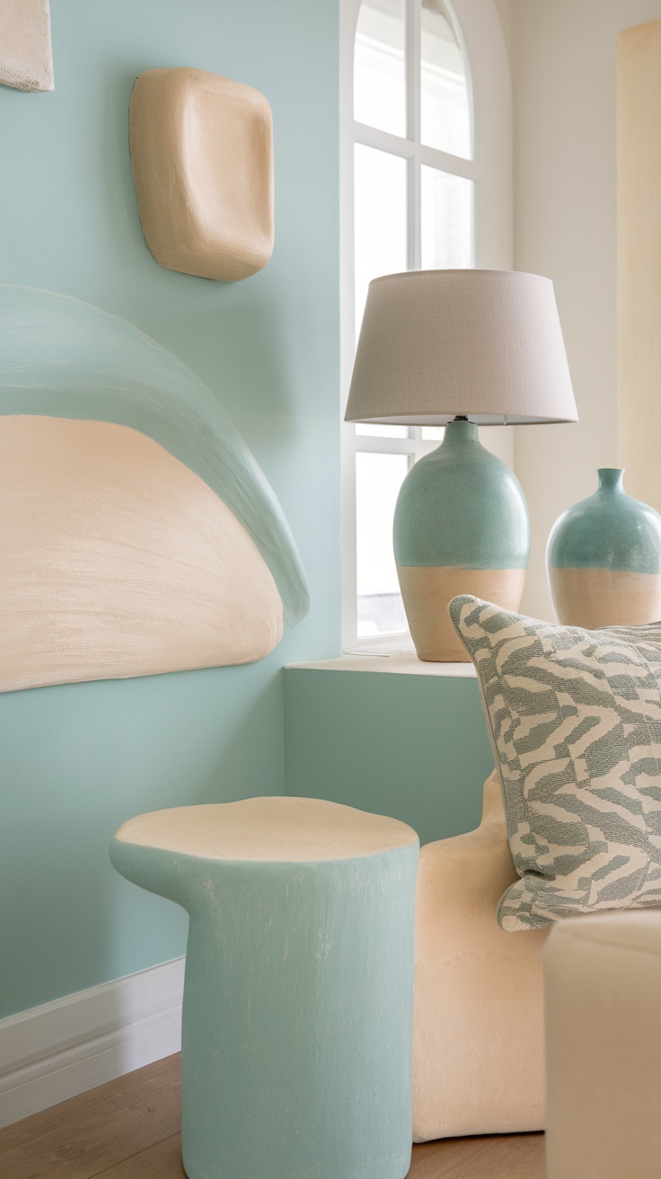 A cozy room featuring coastal-inspired decor with soft blue walls, rounded furniture, and elegant vases.