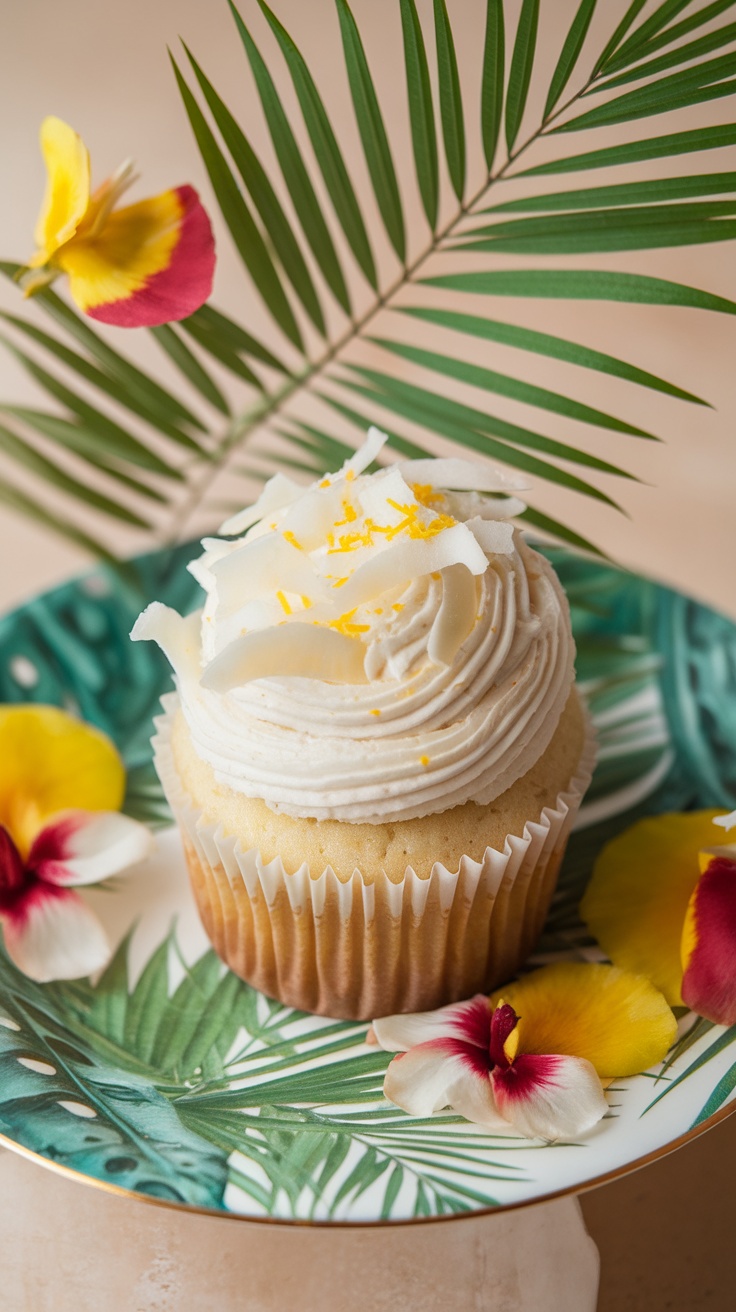 A coconut cream cupcake decorated with coconut shavings and yellow zest, surrounded by tropical flowers and leaves on a patterned plate.