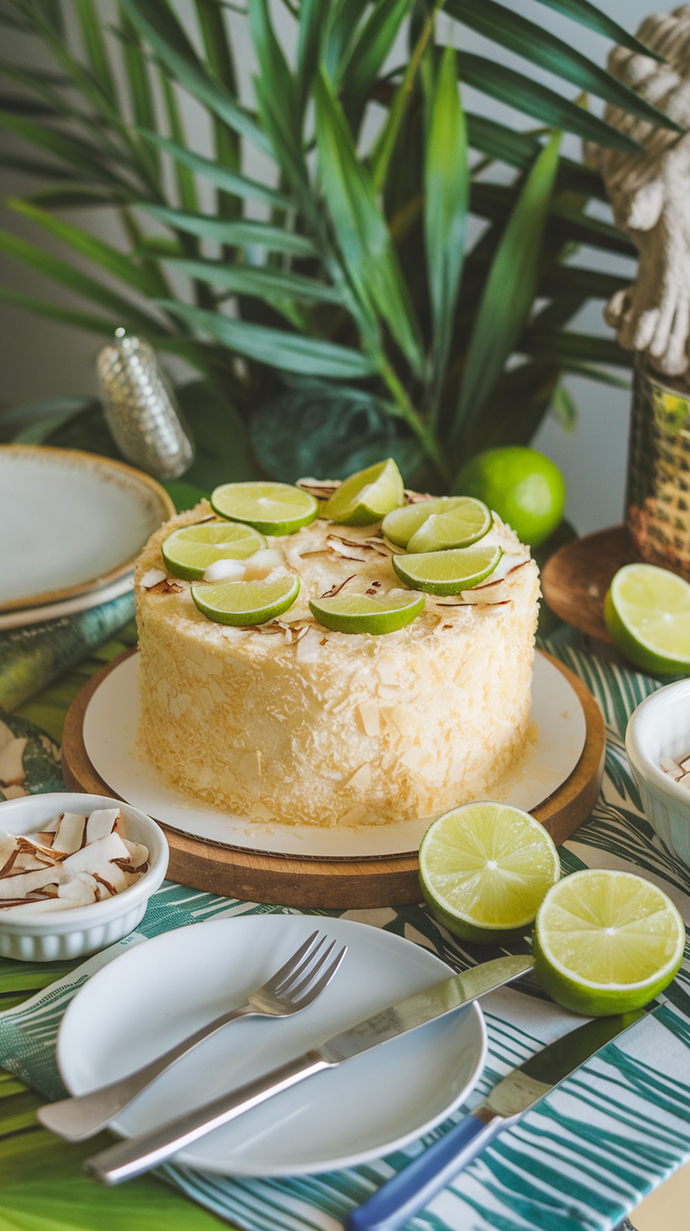 A beautiful coconut lime cake decorated with lime slices and coconut flakes.