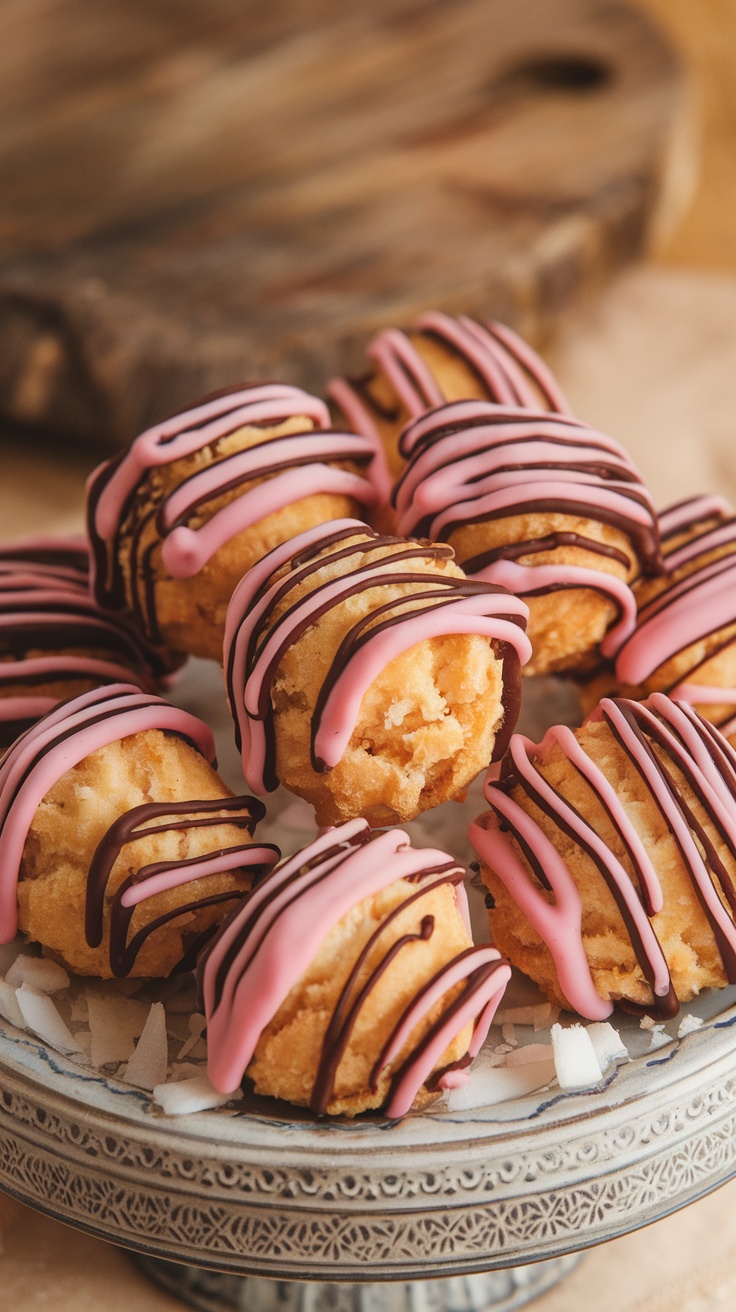 A plate of coconut macaroons drizzled with pink icing and dark chocolate.