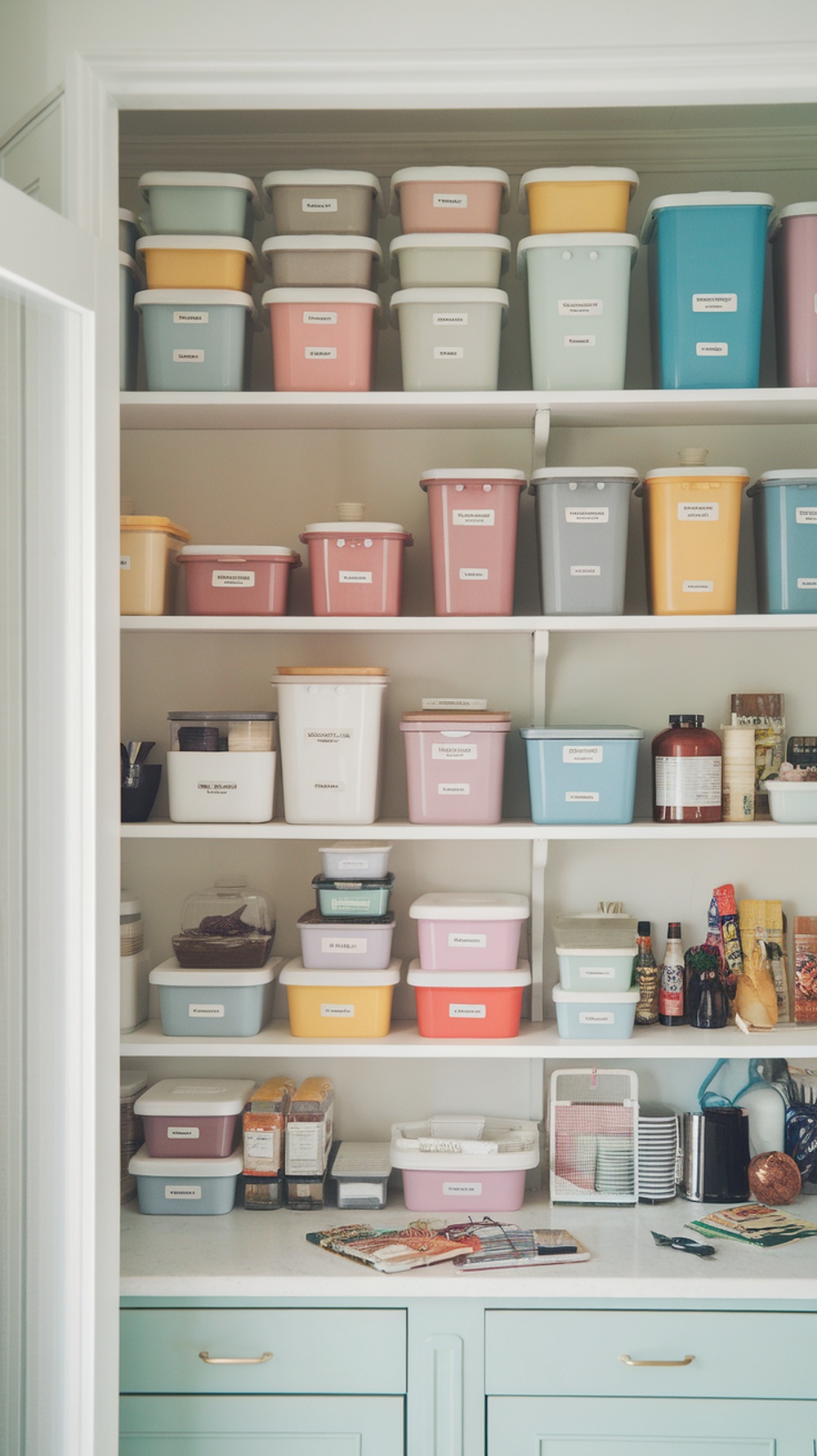 A neatly organized pantry with various color-coded containers.