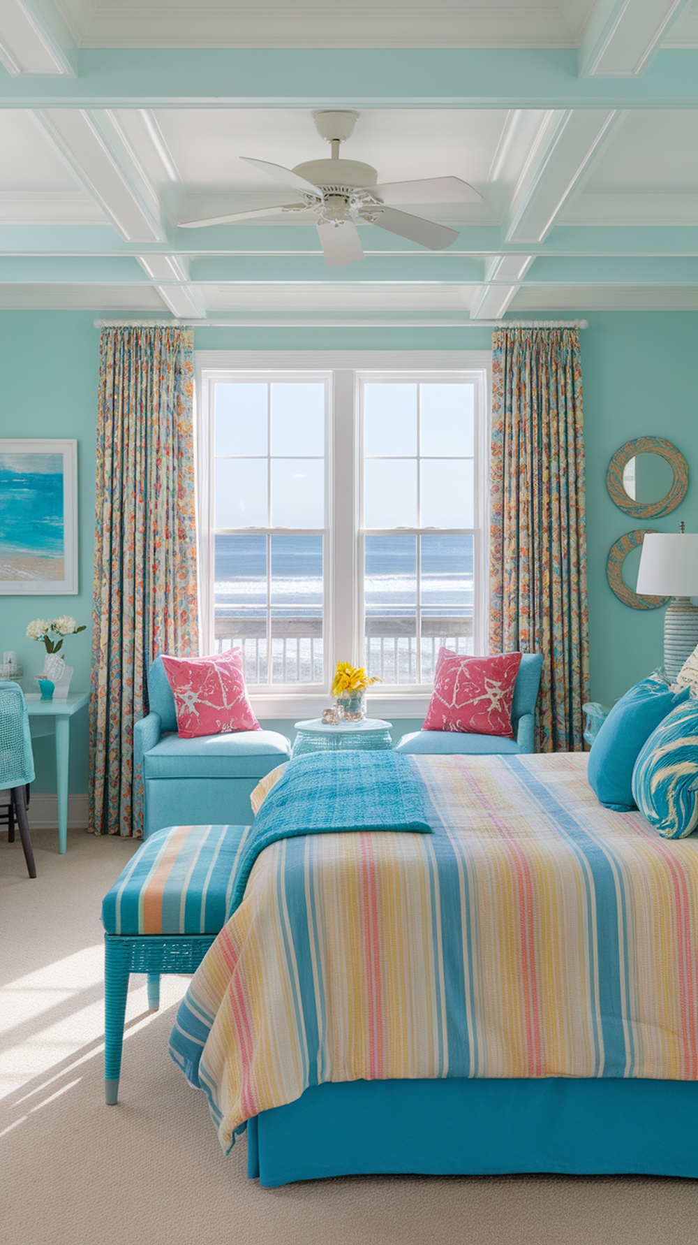 A vibrant beach house bedroom featuring aqua walls, colorful striped bedding, and large windows with ocean views.