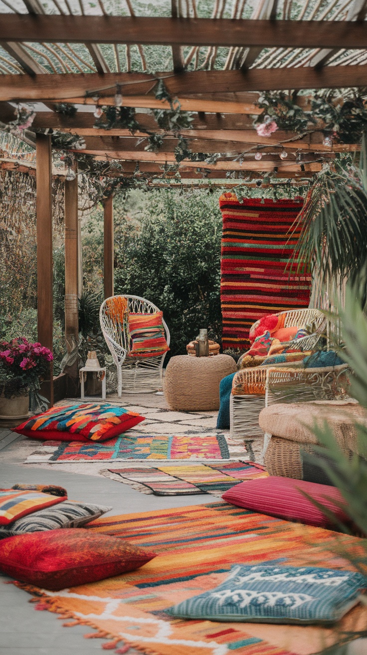 Colorful outdoor rugs and cushions in a cozy summer house setting
