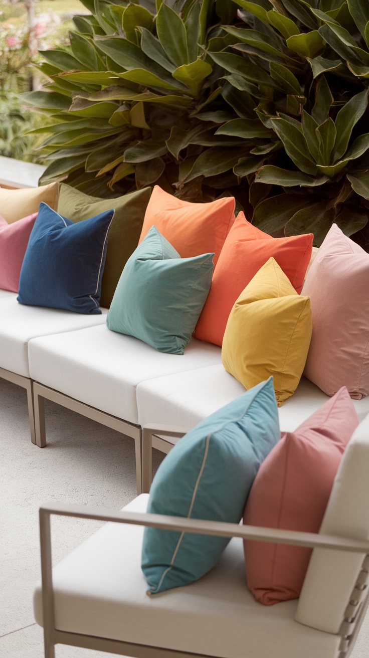 A collection of colorful outdoor throw pillows arranged on a white sofa, surrounded by lush greenery.