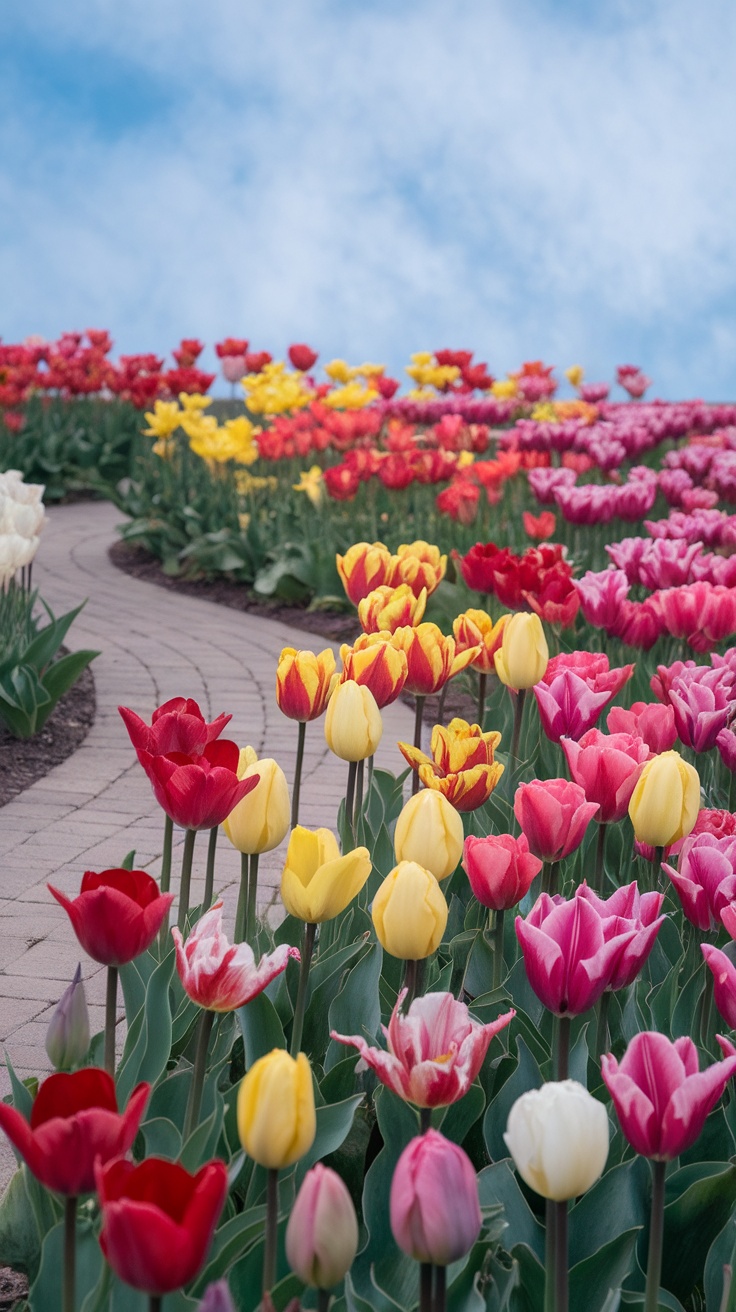 A vibrant garden filled with various colored tulips in bloom beside a winding path.